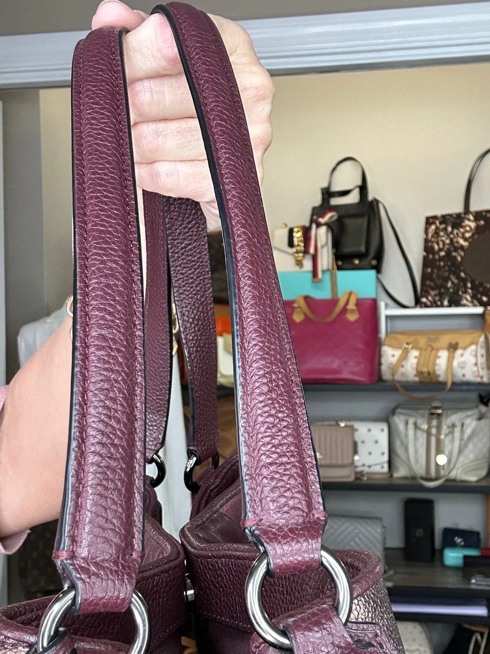 Coach Patchwork Suede & Leather Hobo Shoulder Bag 2016 Burgundy Metallic - Picture 9 of 13
